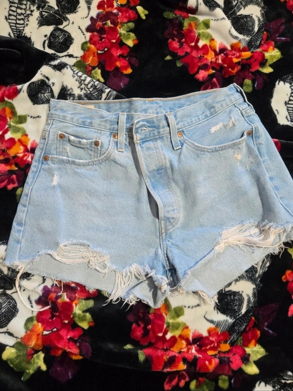 Levi's Light Blue Distressed High-Rise Denim Shorts